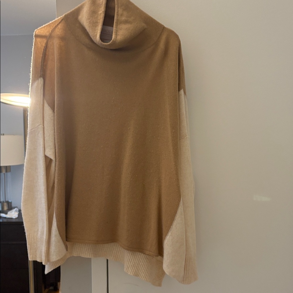 Brodie Cashmere Tan and Cream Turtleneck Sweater